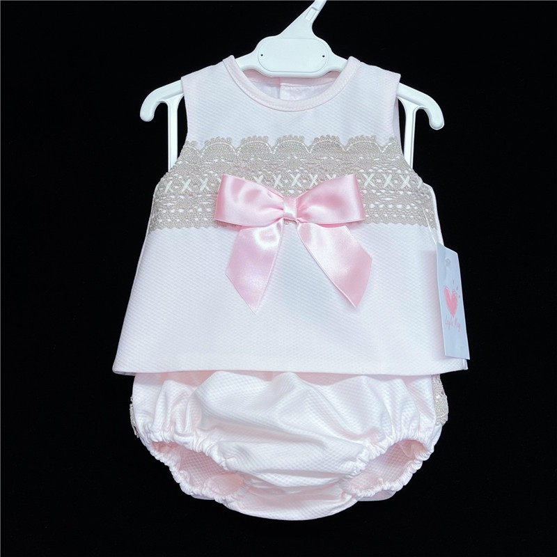 Baby Girl Pink Waffle Open Back Dress Camel Lace "LM017"