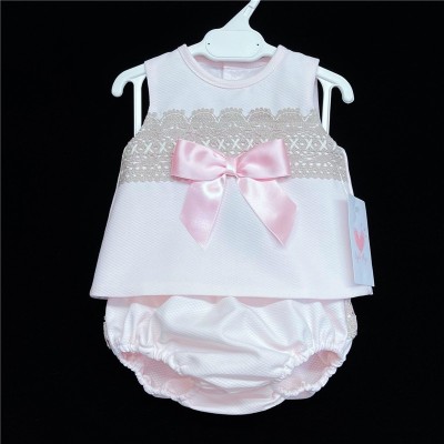 Baby Girl Pink Waffle Open Back Dress Camel Lace "LM017"