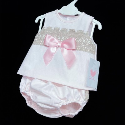 Baby Girl Pink Waffle Open Back Dress Camel Lace "LM017"