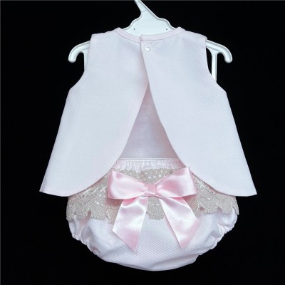 Baby Girl Pink Waffle Open Back Dress Camel Lace "LM017"