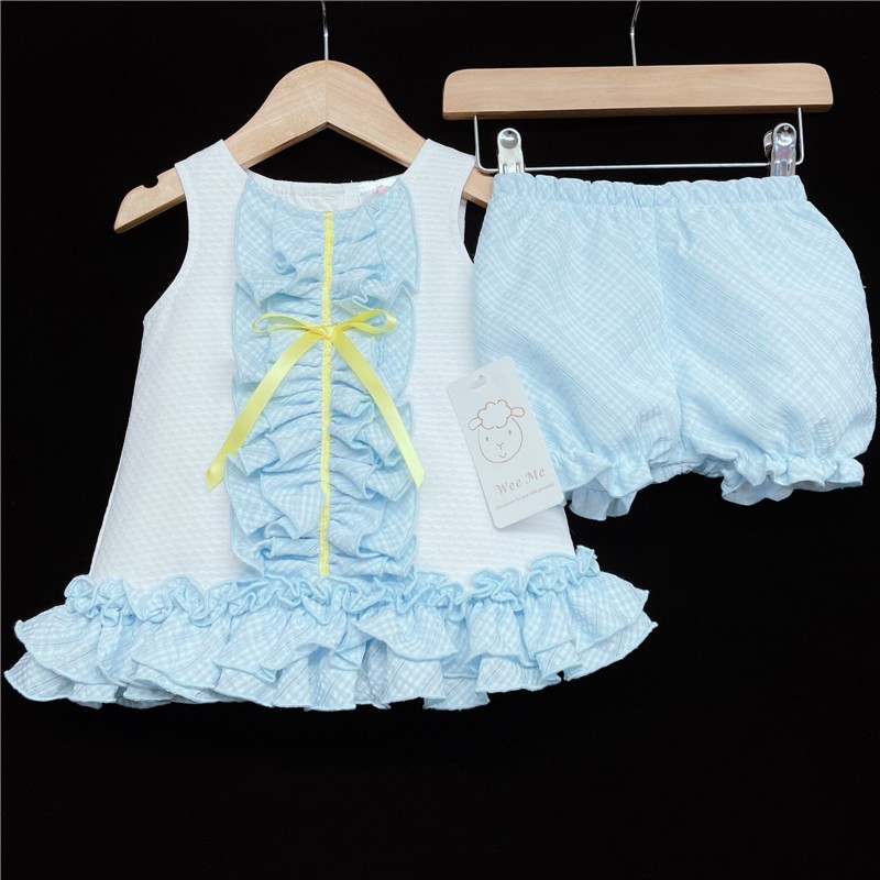 Baby Girl White Blue Frilly Waffle Dress with Knickers "2150"