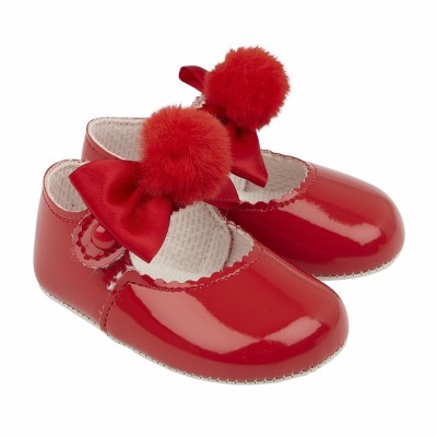 Baby Girls Ribbon Bow & Pom Patent Pram Shoes "B066 Red"