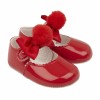 Baby Girls Ribbon Bow & Pom Patent Pram Shoes "B066 Red"