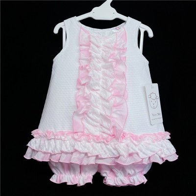 Baby Girl White Pink Waffle Frilly Dress with Knickers "2151 Pink"