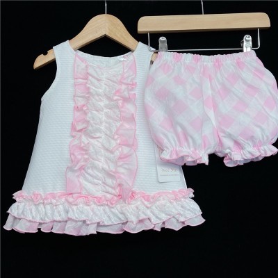 Baby Girl White Pink Waffle Frilly Dress with Knickers "2151 Pink"