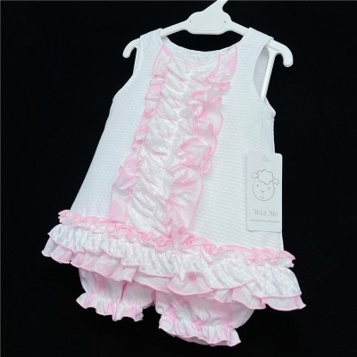 Baby Girl White Pink Waffle Frilly Dress with Knickers "2151 Pink"