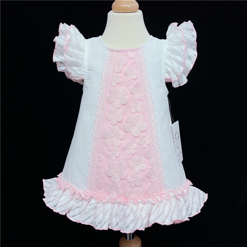 Baby Girl White Pink Waffle Dress Organza Flowers "2153"