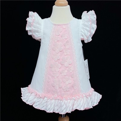 Baby Girl White Pink Waffle Dress Organza Flowers "2153"