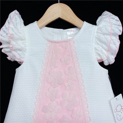 Baby Girl White Pink Waffle Dress Organza Flowers "2153"