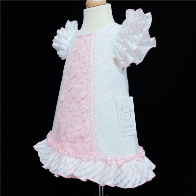 Baby Girl White Pink Waffle Dress Organza Flowers "2153"