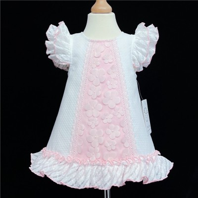Baby Girl White Pink Waffle Dress Organza Flowers "2153"