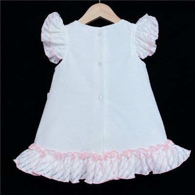 Baby Girl White Pink Waffle Dress Organza Flowers "2153"