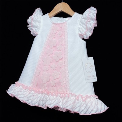Baby Girl White Pink Waffle Dress Organza Flowers "2153"