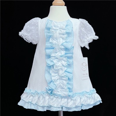 Baby Girl Spanish Waffle Blue Frilly Dress "2154 Blue"