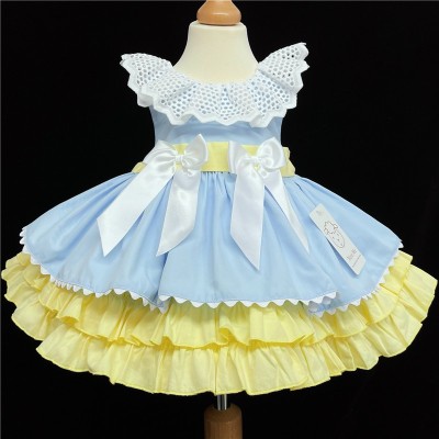 Baby Girl Blue with Yellow Puff Ball Dress Satin Bows "2156 Blue"
