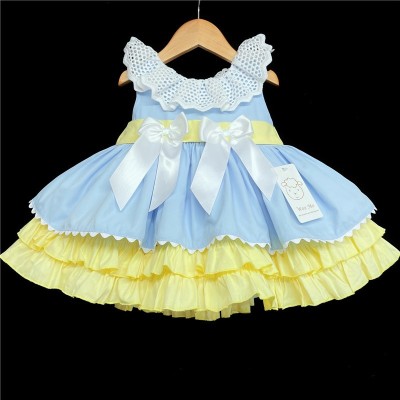Baby Girl Blue with Yellow Puff Ball Dress Satin Bows "2156 Blue"