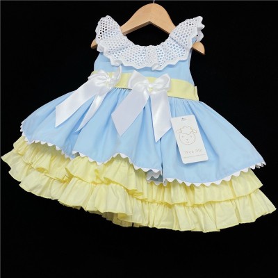 Baby Girl Blue with Yellow Puff Ball Dress Satin Bows "2156 Blue"
