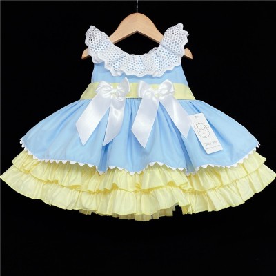 Baby Girl Blue with Yellow Puff Ball Dress Satin Bows "2156 Blue"
