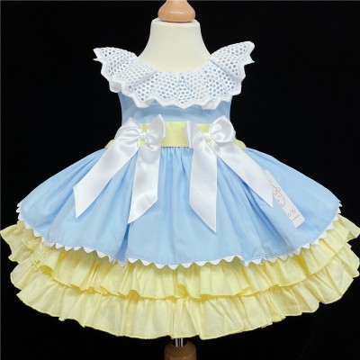 Baby Girl Blue with Yellow Puff Ball Dress Satin Bows "2156 Blue"