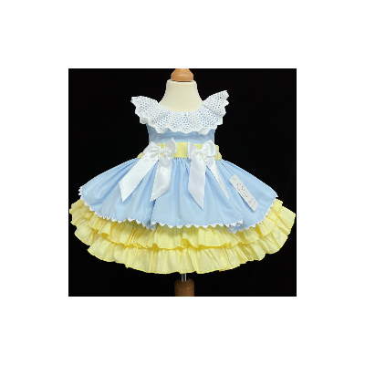 Baby Girl Blue with Yellow Puff Ball Dress Satin Bows "2156 Blue"