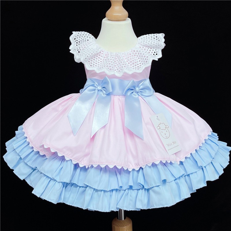 Baby Girl Pink Blue Puff Ball Dress Satin Bows “2156 Pink"