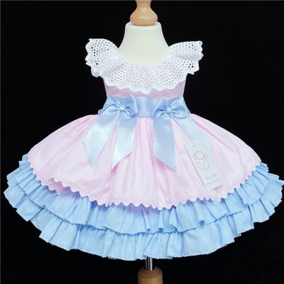Baby Girl Pink Blue Puff Ball Dress Satin Bows “2156 Pink"