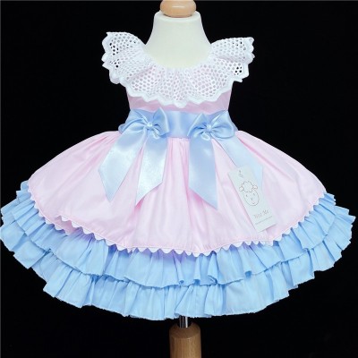 Baby Girl Pink Blue Puff Ball Dress Satin Bows “2156 Pink"
