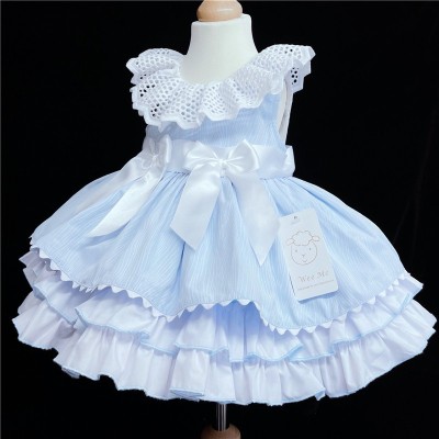 Baby Girl Blue Puff Ball Dress Satin Bows "2157 Blue"
