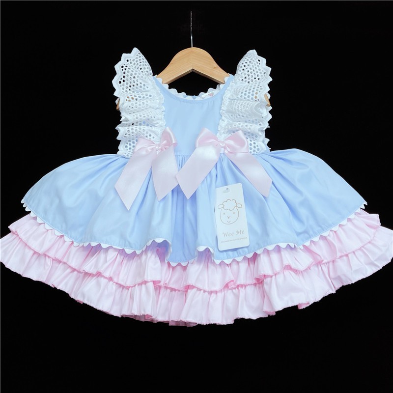 Baby Girl Blue with Pink Puff Ball Dress Satin Bows "2158 "