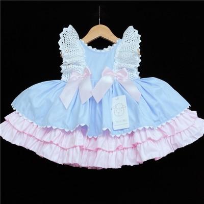 Baby Girl Blue with Pink Puff Ball Dress Satin Bows "2158 "