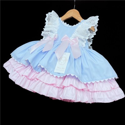 Baby Girl Blue with Pink Puff Ball Dress Satin Bows "2158 "