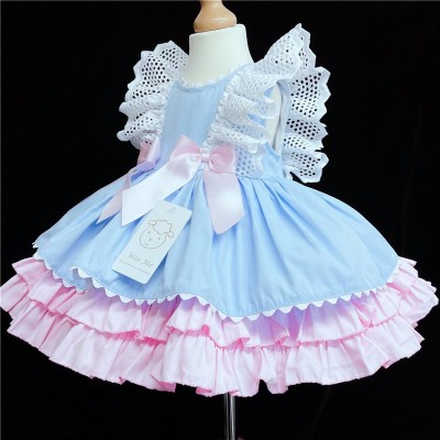 Baby Girl Blue with Pink Puff Ball Dress Satin Bows "2158 "