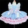Baby Girl Blue with Pink Puff Ball Dress Satin Bows "2158 "