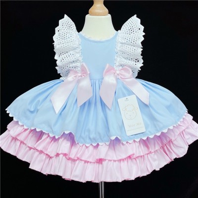 Baby Girl Blue with Pink Puff Ball Dress Satin Bows "2158 "