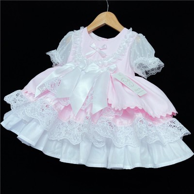 Baby Girl  Pink Puff Ball Lacey Dress Satin Bows "2159 P"