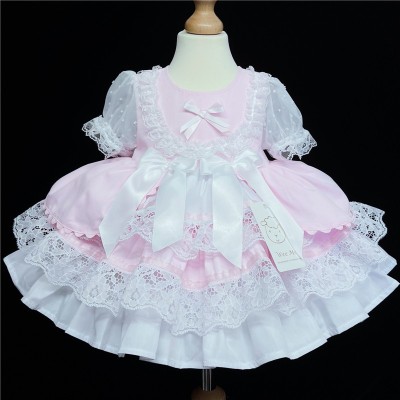 Baby Girl  Pink Puff Ball Lacey Dress Satin Bows "2159 P"