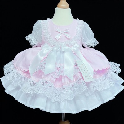 Baby Girl  Pink Puff Ball Lacey Dress Satin Bows "2159 P"