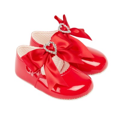Baby Girls Bow & Diamante Heart Patent Pram Shoes "B062 Red"