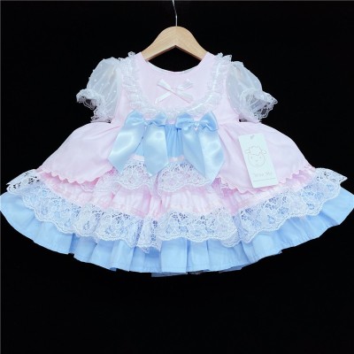 Baby Girl Blue with Pink Puff Ball Lacey Dress "2159 Blue"