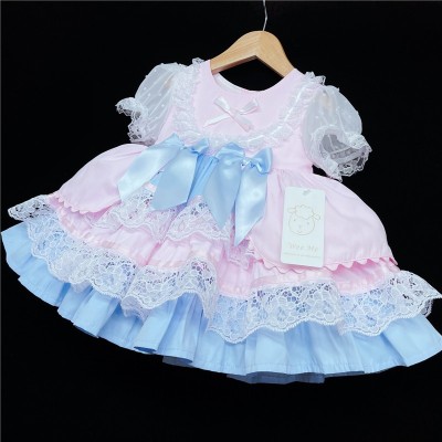 Baby Girl Blue with Pink Puff Ball Lacey Dress "2159 Blue"