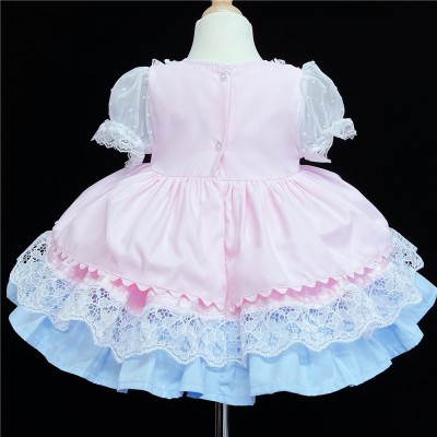 Baby Girl Blue with Pink Puff Ball Lacey Dress "2159 Blue"
