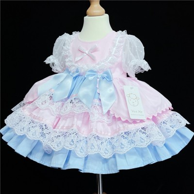 Baby Girl Blue with Pink Puff Ball Lacey Dress "2159 Blue"