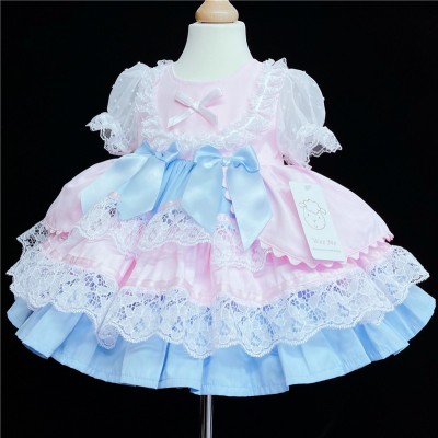 Baby Girl Blue with Pink Puff Ball Lacey Dress "2159 Blue"