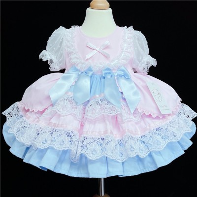 Baby Girl Blue with Pink Puff Ball Lacey Dress "2159 Blue"