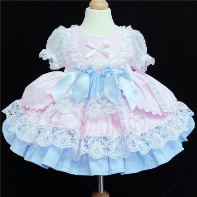 Baby Girl Blue with Pink Puff Ball Lacey Dress "2159 Blue"