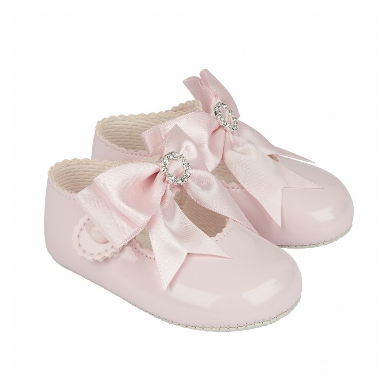 Baby Girls Big Diamante Bow Patent Pram Shoes "B060 Pink"