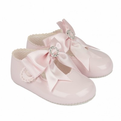 Baby Girls Big Diamante Bow Patent Pram Shoes "B060 Pink"