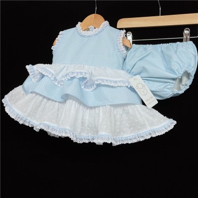 Baby Girl Blue Spotty Puff Ball Lacey Dress with Pants "MYD58B"