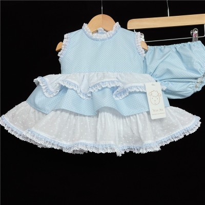 Baby Girl Blue Spotty Puff Ball Lacey Dress with Pants "MYD58B"