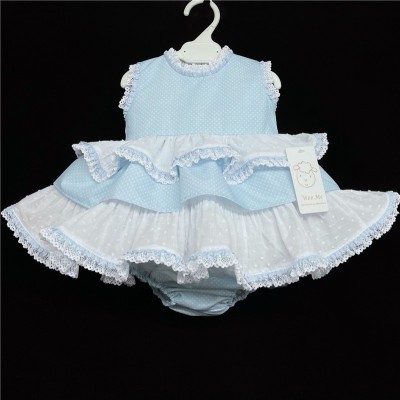 Baby Girl Blue Spotty Puff Ball Lacey Dress with Pants "MYD58B"